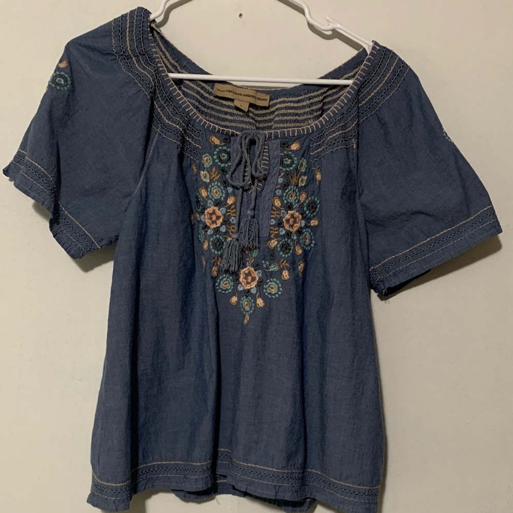 Embroidered Indigo Peasant Top - Brand: